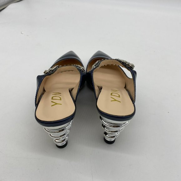 YDN blue patent leather pointy toe sliver spiral low heels slingback shoes - Picture 4 of 7